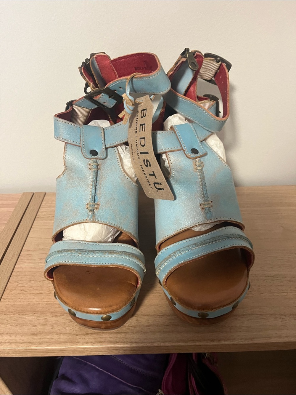 BED|STU Sky Blue Leather Platform Sandals with Ankle Strap